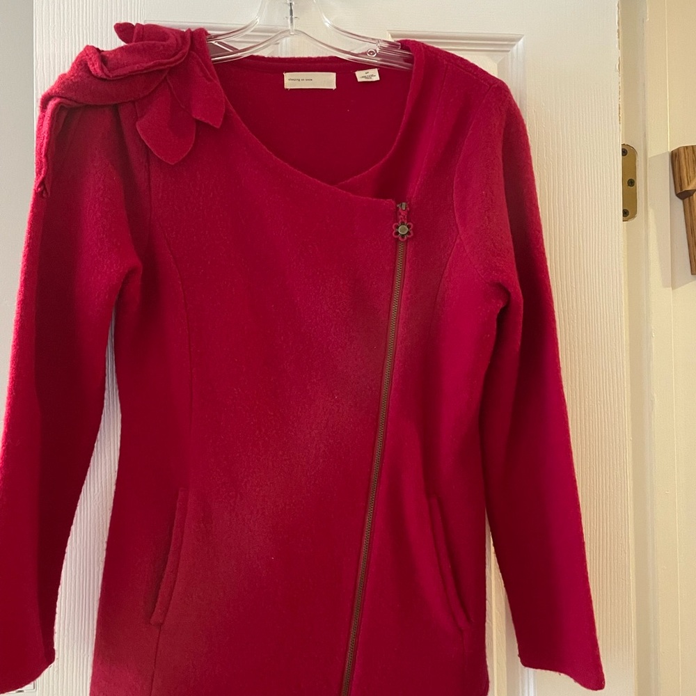 Sleeping On Snow Red Wool Cardigan with Flower Detailing on Shoulder